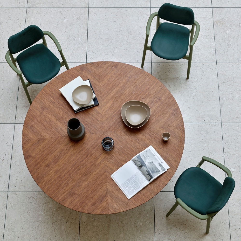 Ro Collection Salon Chair in oak with leather seat and sculpted armrests.