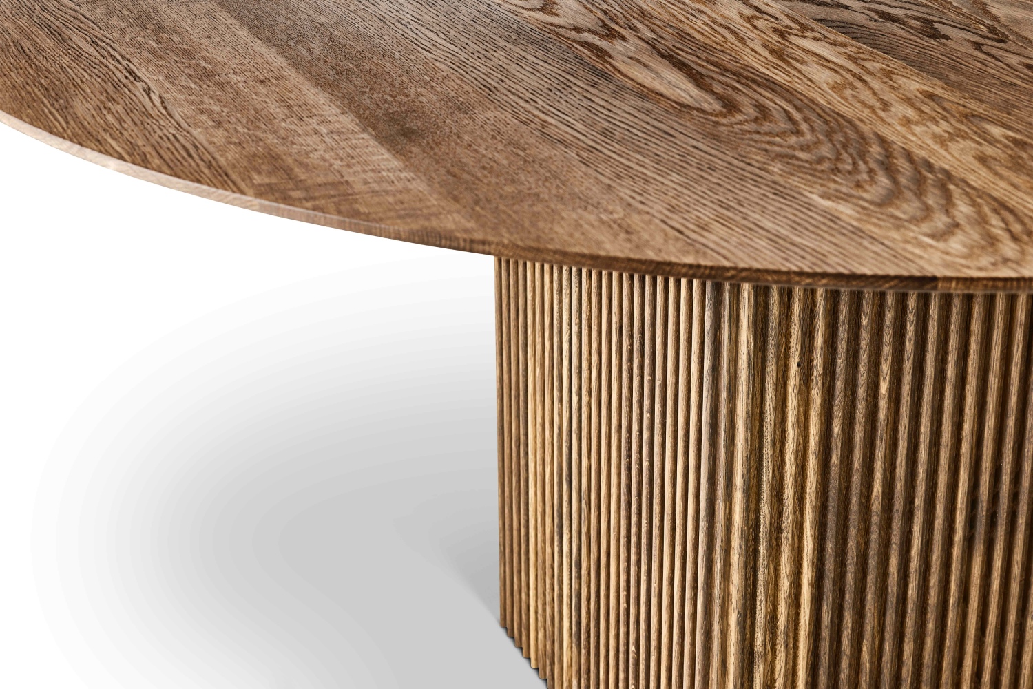 Detail of the DK3 Ten Round Table in smoked oak, showing the fluted cylindrical base and timber tabletop.
